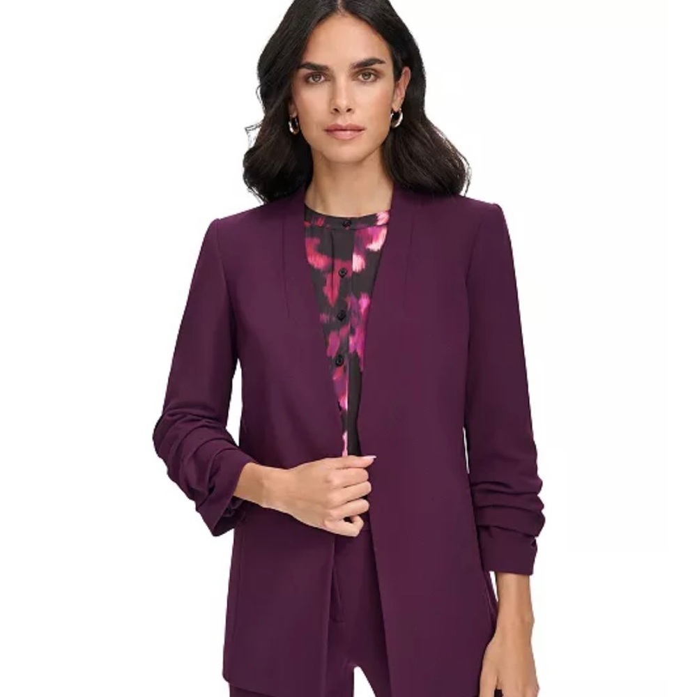 Calvin Klein purple collarless blazer 3/4 sleeves open front